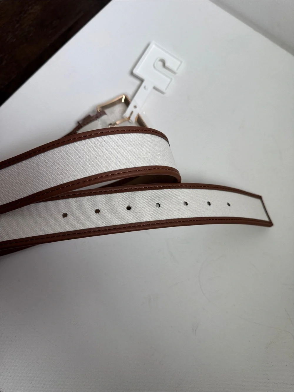 MICHAEL Michael Kors Cream Canvas Belt with Brown Trim and Gold Buckle